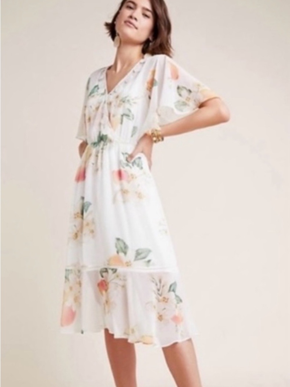 FARM Rio Sheer Eloise Floral Peach Print Midi Dress in White